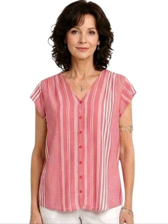 Liz Claiborne Red & White Striped V-neck Cap Sleeve Button Down Blouse Size S - Picture 1 of 8